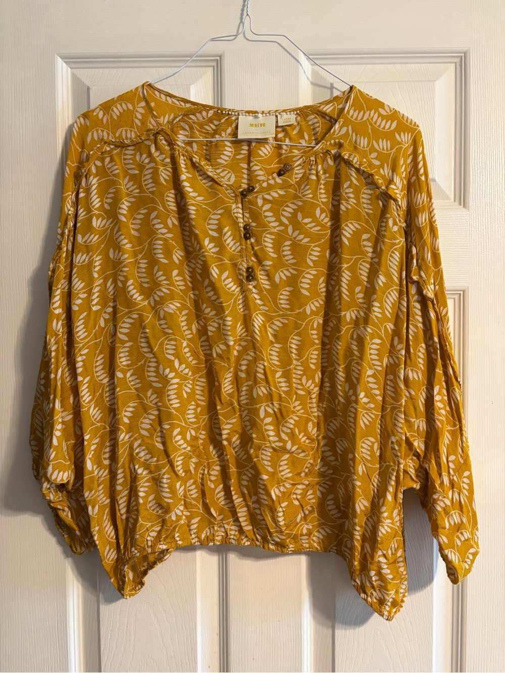 Anthropologie Maeve Letizia Blouse Yellow Leaf Print Boho Ruffle Henley Large